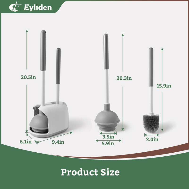 Eyliden Toilet Plunger and Brush Set, Upgrade 3-Step Suction Cup Toilet Plunger and Bowl Brush Set with Holder, Toilet Plunger Brushes Combo with Caddy (1 Pack, White & Grey) 1 Pack