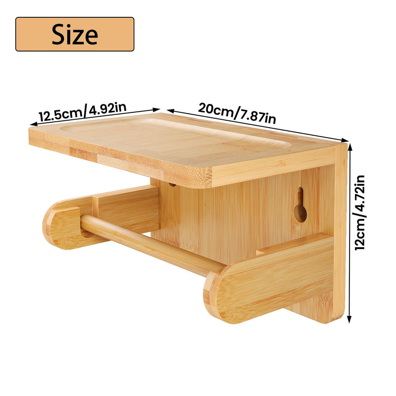 Drill-Free Toilet Paper Holder with Phone Shelf Bamboo Wall-Mounted, No-Drill & Drillable, Bathroom Storage Organizer, Space Saver Tissue Roll Rack for Bathroom, Kitchen, Home Decor (Natural) Natural
