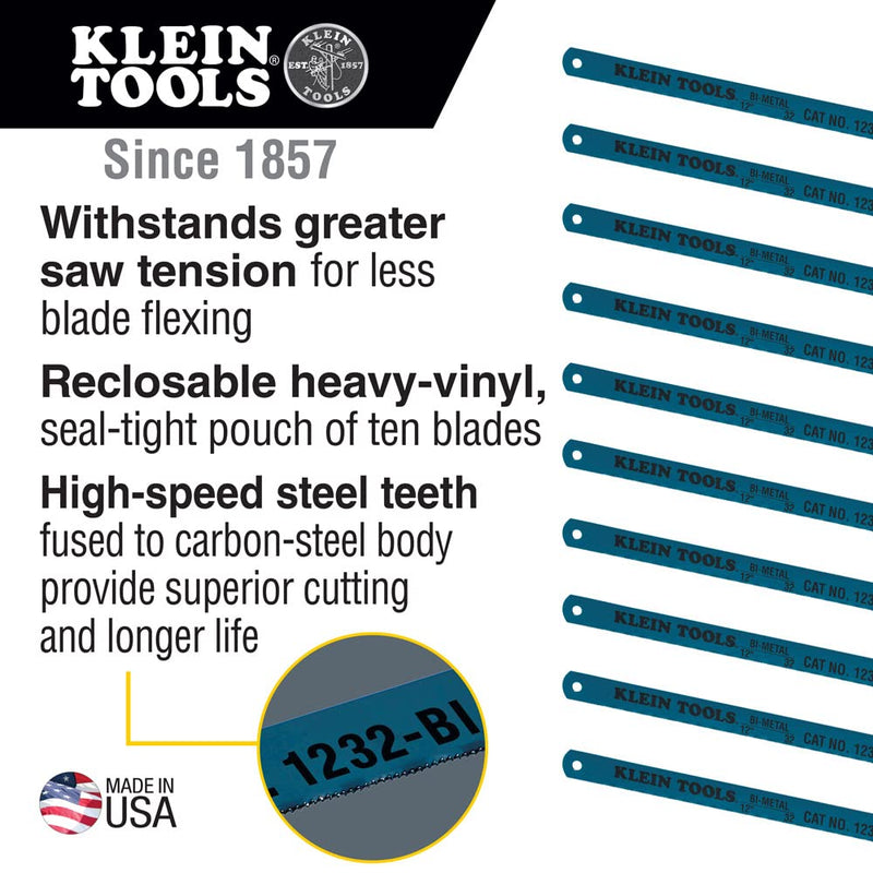 Klein Tools 1232BI-P Hacksaw Blades, Bi-Metal Replacement Blades 32 TPI, 12-Inch, 10-Pack, Made in USA 32 Teeth Per Inch