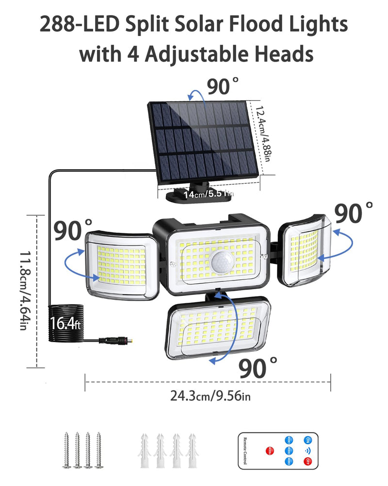 CLAONER Solar Outdoor Lights Motion Sensor 3500LM 288 LED Solar Security Lights with Remote Control IP67 Waterproof 4 Heads Solar Flood Lights with 16.4ft Cable 4 Modes Wall Lights(2 Pack) 2 Pack
