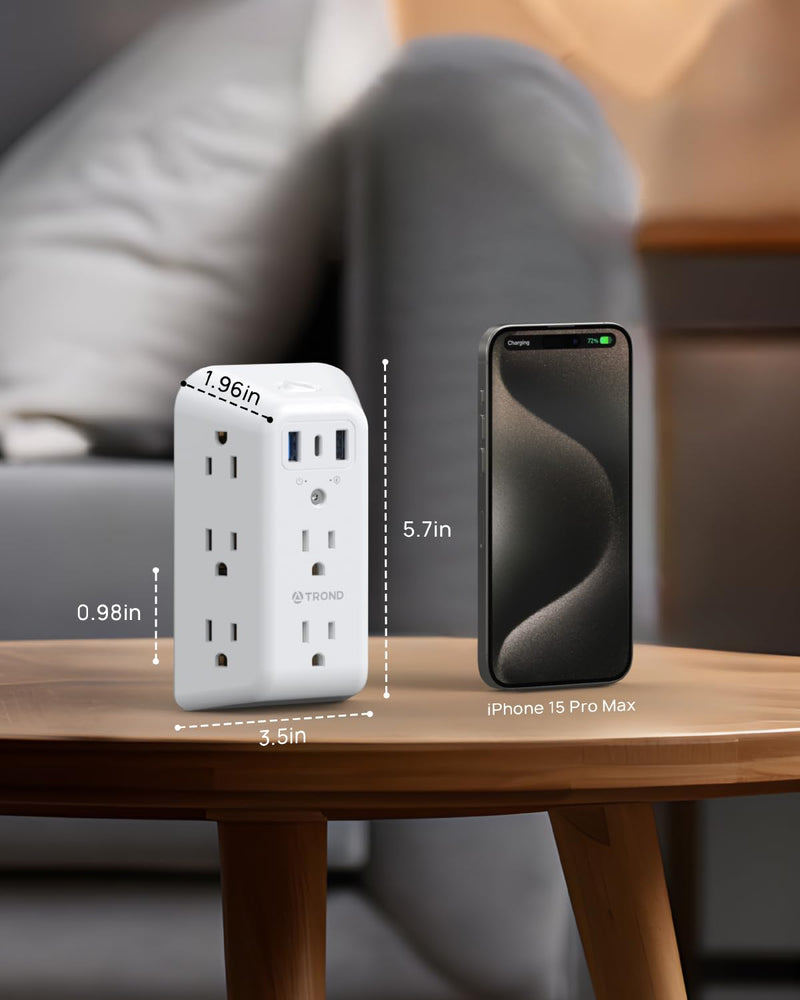 TROND Outlet Extender Surge Protector, 8 Outlet Splitter with 3 USB Ports(1 USB C), 1440J Electric Plug Multiplier, Multi Plug with ON/OFF, 3 Way Multiple Wall Extension Adapter for Home School Office 8 AC Outlets