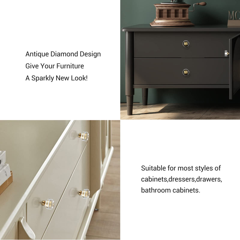 12-Pack 1-1/4-Inch White Cabinet Glass Crystal Brass knobs Brass Drawer Round Knobs Dresser Pulls, Gold Hardware Kitchen Closet knobs for Bifold Doors 12 Pack Round-1.2inch
