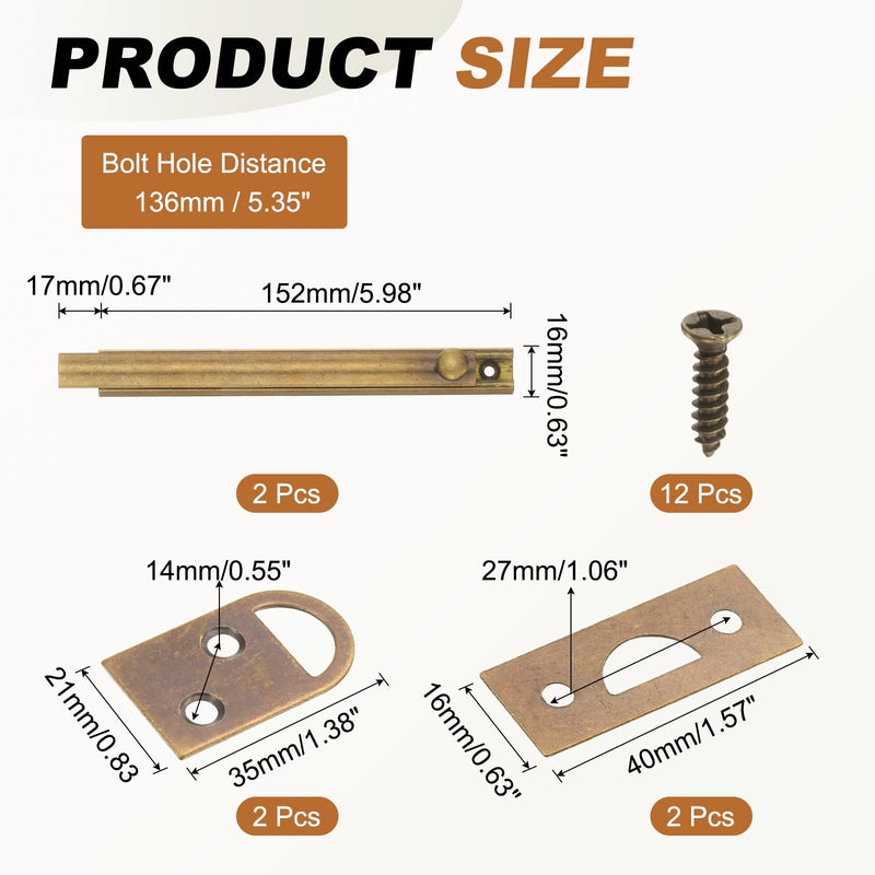 uxcell 2Pcs 6" Solid Brass Surface Bolt, Concealed Security Slide Latch Door Lock with Screws, Polished French Door Lock for Closet Cabinet Recessed Doors, Bronze 6 Inch 2