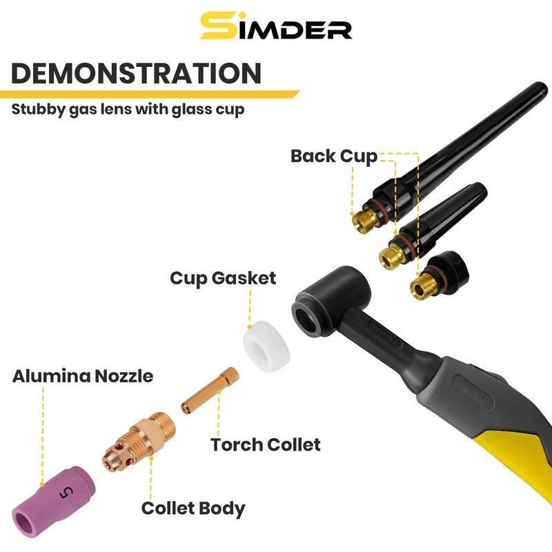SSimder 55Pcs TIG Welding Torch Accessories Alumina Nozzle Collets Body Stubby Gas Lens #10 Glass Cup For WP-17/18/26