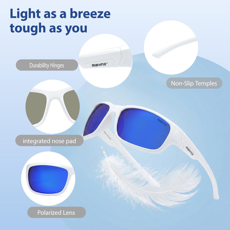 maivnz Floating Polarized Fishing Sunglasses for Men Women, Unsinkable UV400 Sports Glasses for Kayaking, Boating & Surf White Frame Blue Revo