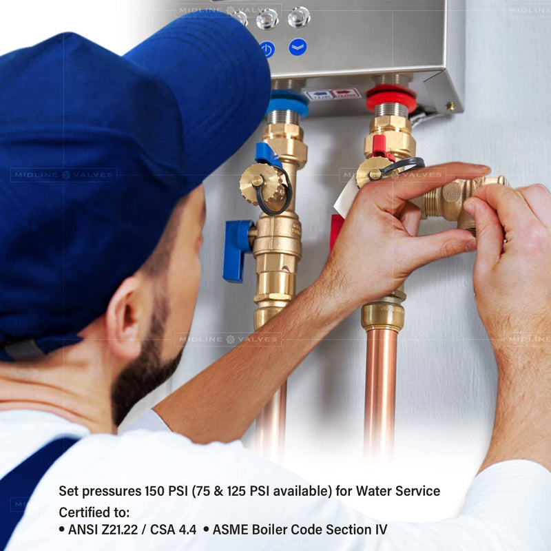 Midline Valve GUHW-QSW256 Pressure Relief Valve for Tankless Water Heater, Forged Brass, 3/4 in. FIP x MIP Single Pack 3/4 in.
