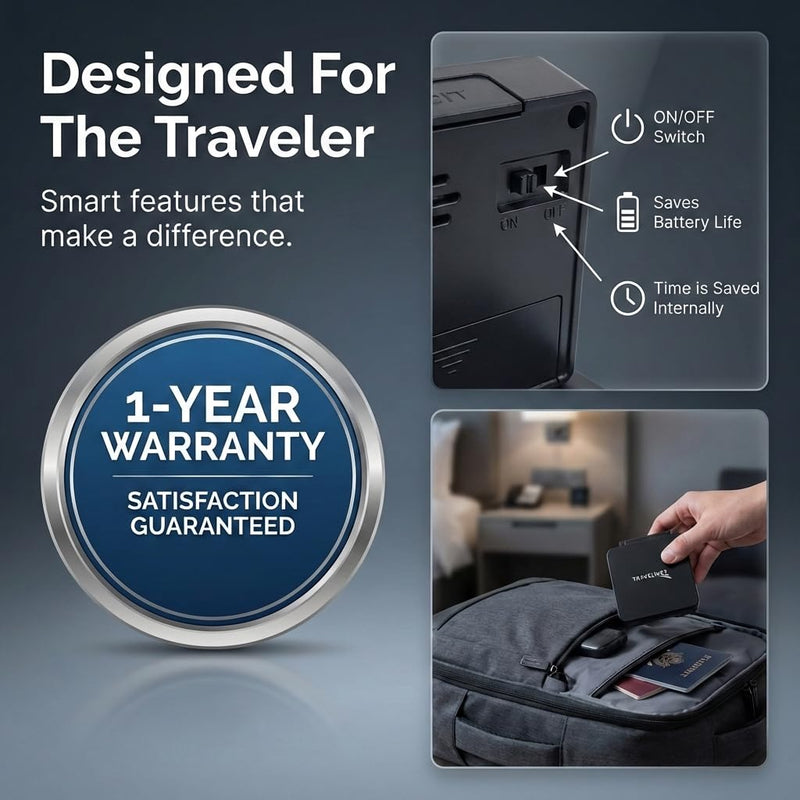 Digital Travel Alarm Clock - No Bells, No Whistles, Simple Basic Operation, Loud Alarm, Snooze, Small and Light, ON/Off Switch, 2 AAA Battery Powered, Black