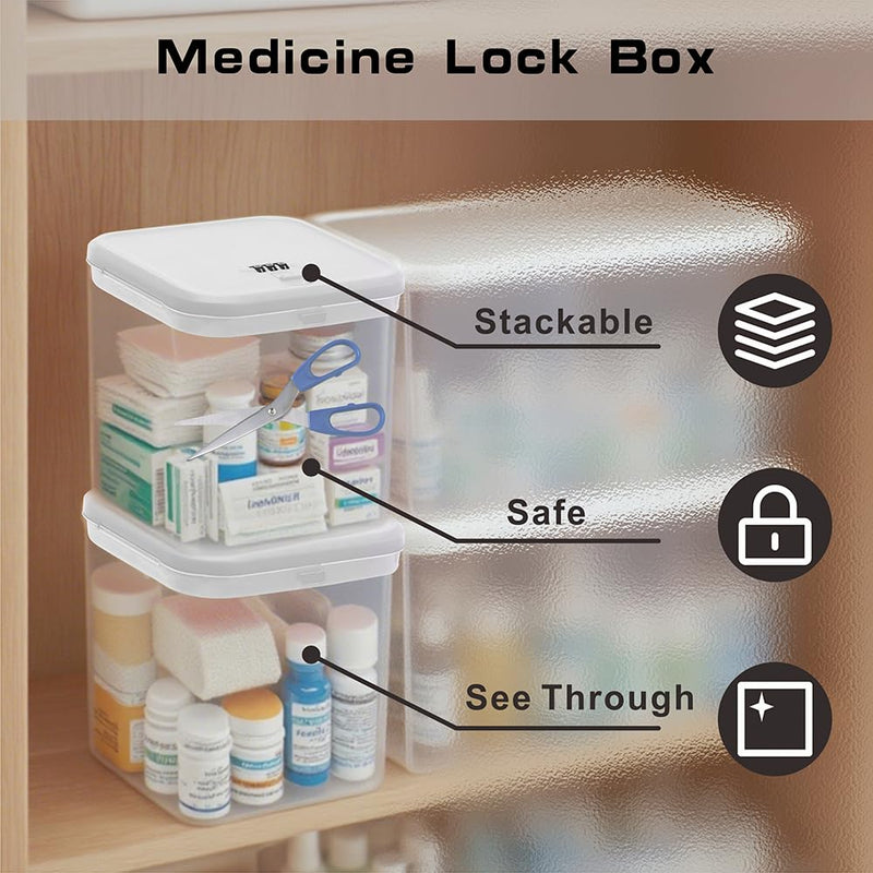 Clear Medicine Lock Box with code, Small Food Snack Phone medication Lock Boxes for Personal Items Combination Electronics Organizer,Phone Jail,Gaming Device Lockable Boxes White Lid + Clear Base