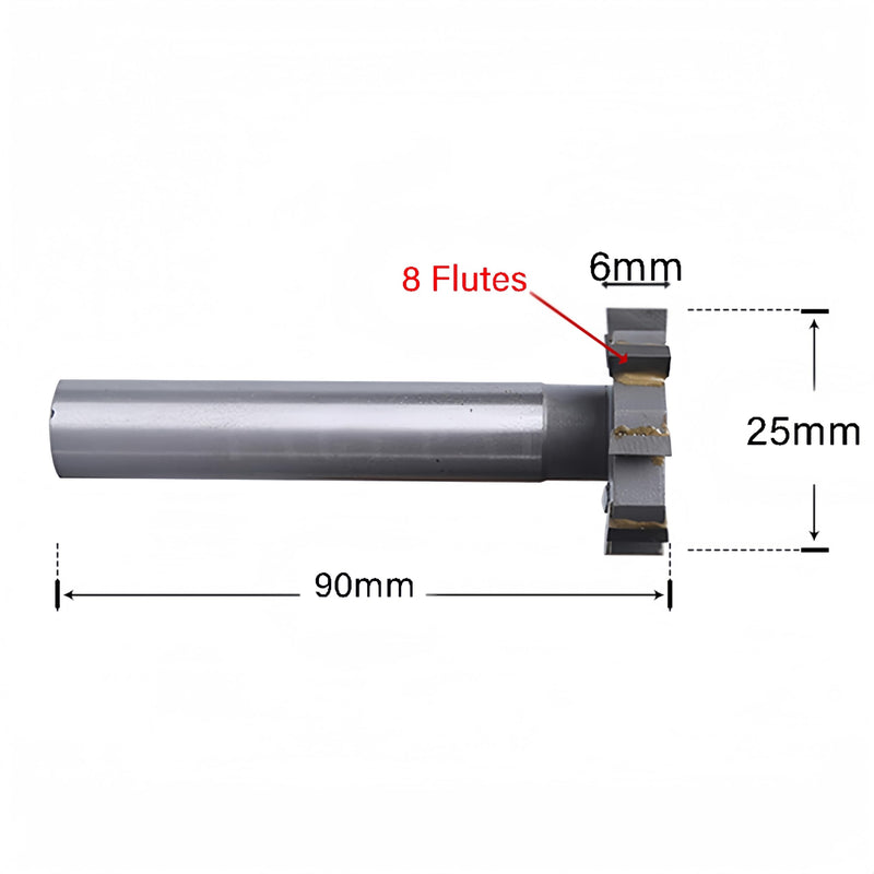 HSS-AL T Slot End Mill Milling Cutter，High-Speed Steel Woodruff Keyseat Cutter, HalfRound Keyway Milling Cutter, Straight Shank, 8 Flutes, 25 x 6 x 90mm