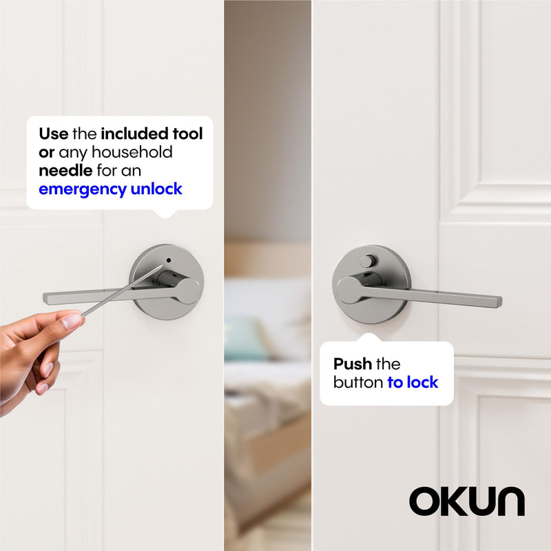 Okun Muse 1-Pack Brushed Nickel Privacy Door Levers – Push Button Lock, Reversible, Sleek Concealed-Mount Design for Bedroom & Bathroom 1 Pack