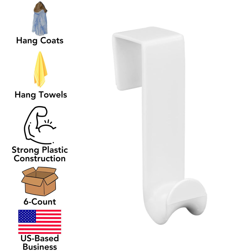 Iconikal Over-Door Plastic Valet Hook Set, White, 6-Pack for Coats Towels