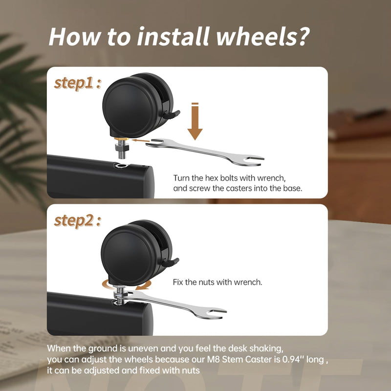 JOY worker Lockable Stem Caster Wheels Set of 4, Metric M8 Nylon Threaded Swivel Caster, 2.5 Inch Stem Casters Replacement for Standing Desk & Mobile Desk, Each Load Capacity 110lbs, Black
