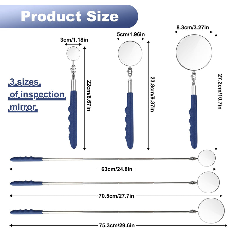 3 Pieces Telescoping Inspection Mirror, Mechanics Mirror Tool with Long Handle, Stainless Steel Round Extendable Mirror for Technicians Mechanics Contractors Checking Observation