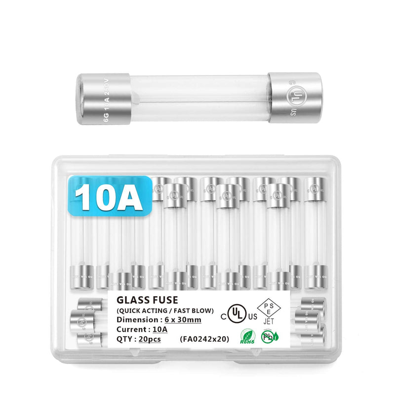 Chanzon(Pack of 20Pcs) UL Listed 6x30mm 10A 250V/125V 10 Amp Glass Fuses Fast Blow Cartridge Tube Fuse f12al 125 V / 250 V (6.4mmx30.3mm) 6x30mm without lead
