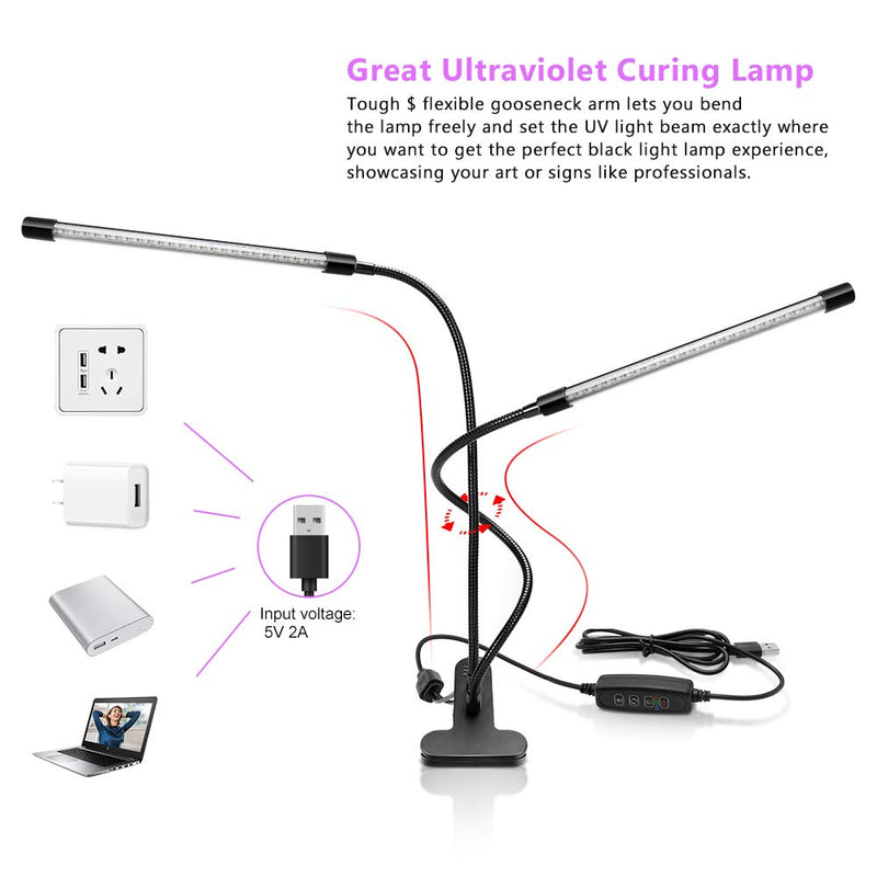 YGS-Tech LED Black Light Dual Head, 20W UV Light Fixture with Clamp, 395-405nm UV Gooseneck Lamp USB Powered for Blacklight Party, Stage Lighting, Resin Cure, 3D Print, Glow in The Dark 2 Head