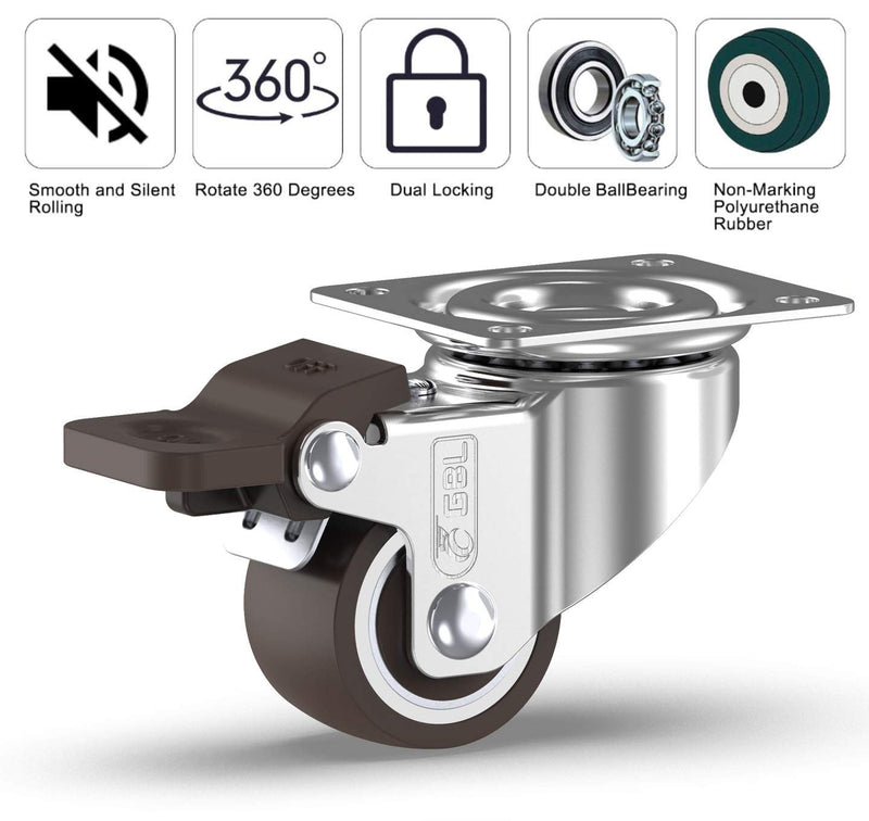 GBL 1" Small Caster Wheels with 2 Brakes + Screws - 90Lbs - Low Profile Castor Wheels with Brakes - Set of 4 No Floor Marks Silent Casters - Mini Wheels for Cart and Furniture