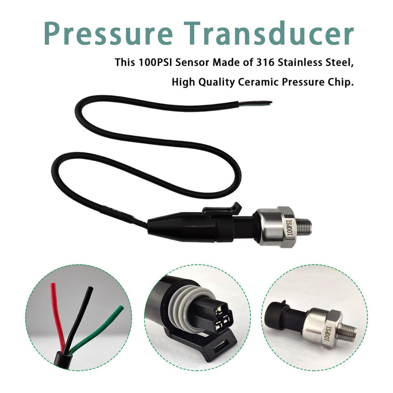 Pressure Transducer Sender Sensor with Connector, 1/8"NPT Thread Stainless Steel Fuel Pressure Sensor for Oil Fuel Air Water (100PSI) 100 PSI