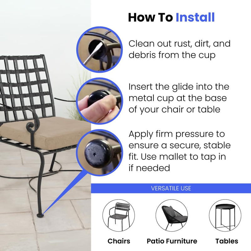 Premium Heavy-Duty Wrought Iron Chair Glides – Fits 1-1/4" Inside Diameter, Round Plastic Chair Leg Floor Protectors for Patio Furniture, Pack of 16, Black