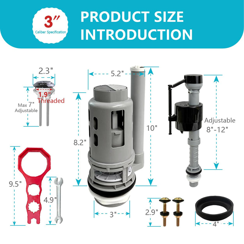 3-Inch Dual Flush Valve Replacement Kit with Tools for 2-Piece Toilets 2.3 in Button outer diameter