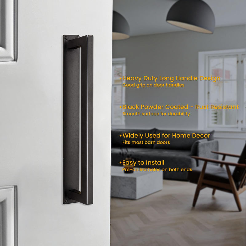 Homode Barn Door Handle, 12" Rustic Pull Handle Heavy Duty, Matte Black Square Door Pull with Flush Long Base, for Sliding Barn Door, Gate, Shed, Garage Rectangular Pull Handle