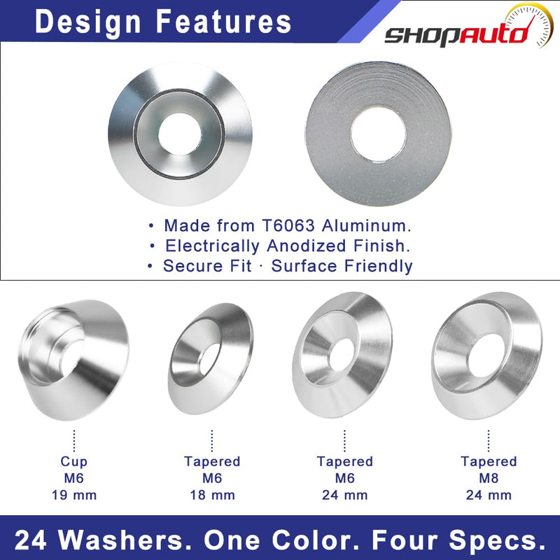 24-Set M6/M8 Washer Hardware Kit, Silver | Anodized aluminum tapered & cup washers with stainless bolts. Ideal for fender flares, widebody kits & engine bays. 24-Piece