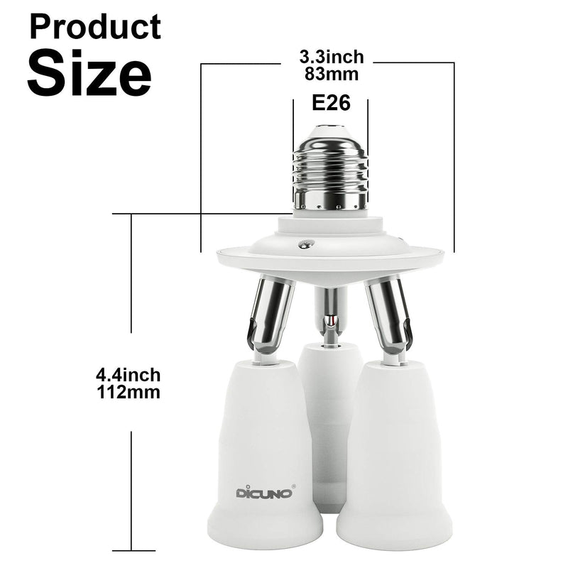 DiCUNO 3 in 1 E26 Light Socket Splitter Adapter, Standard Base LED Bulb Converter, 360 Degrees Adjustable 180 Degree Bendable, 3 Way Bulbs Socket Holder