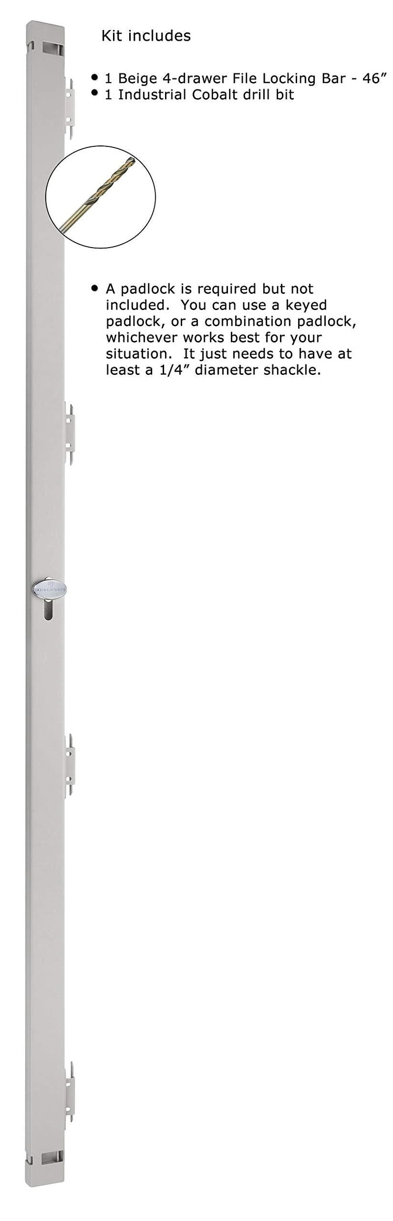 File Cabinet Locking Bar. Fits 4 Drawer File Cabinets. Includes Cobalt Drill Bit. (Beige) Beige