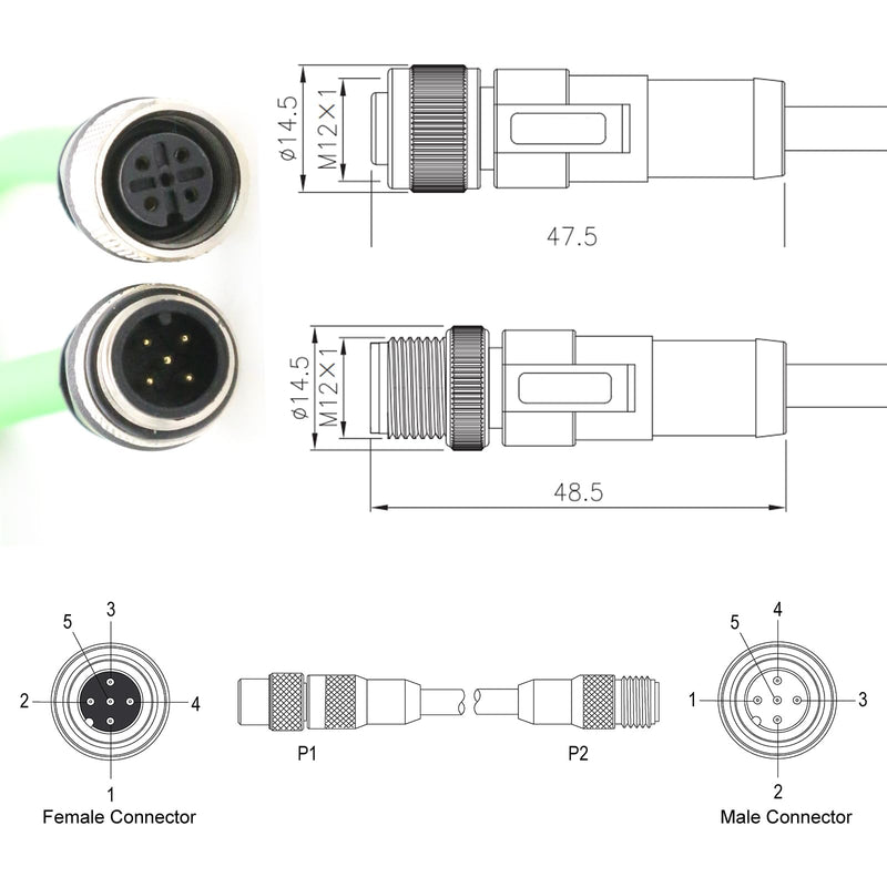 Cable for Industrial Control Automation IO Link Fieldbus NMEA2000 Sensor Device Network CAN Bus, M12 5 Pin, 60V 2A, CAT6, Shielded, Waterproof, Green, 4M