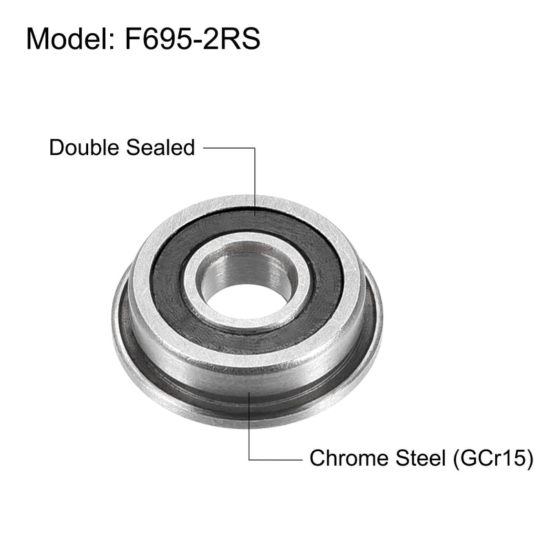 uxcell F695-2RS Flanged Ball Bearing 5x13x4mm Double Sealed Chrome Steel Flange Bearings, 20pcs 20