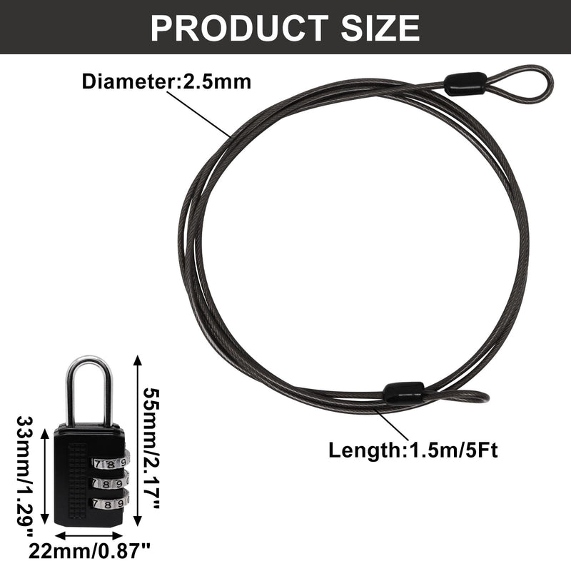 Sydien Cable Lock Double Loops 5Ft Long Black Security Cable with Lock, Bike Lock Cable 2.5mm Braided Steel Coated Safety Cable Wire for Luggage, Outdoor, Clothesline (4 Pack) 5Ft (4 Pack）