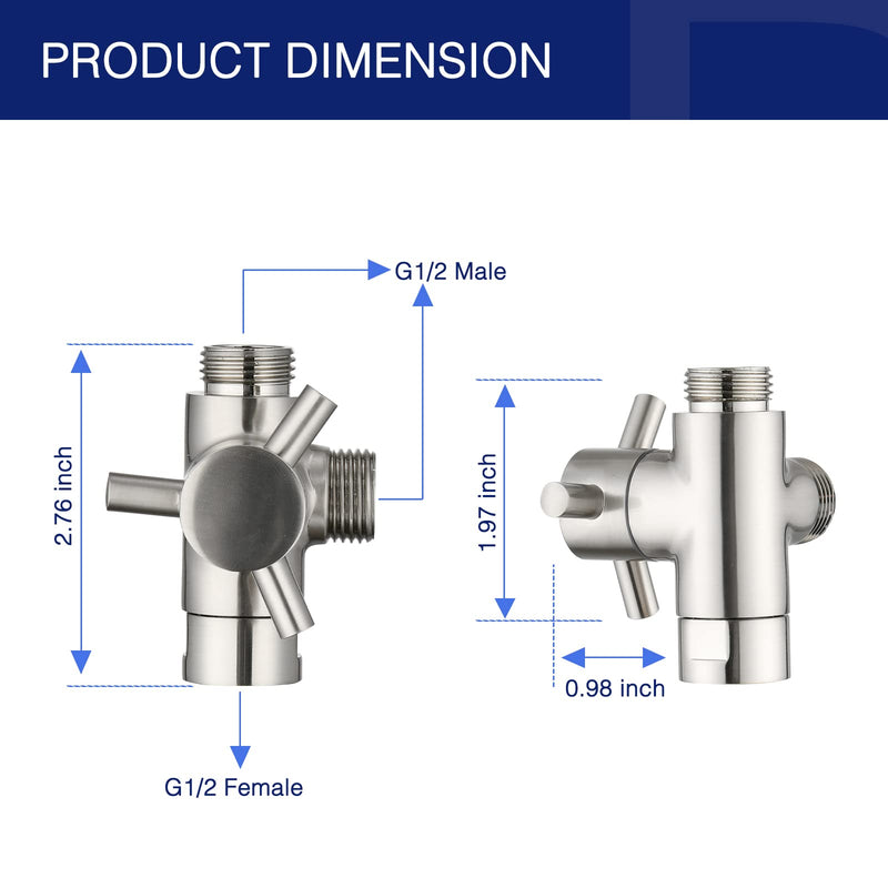 PDPBath Brass 3 Way Shower Arm Diverter Valve for Handheld Shower Head and Fixed Shower Head, G1/2 Universal Connection - Brushed Nickel