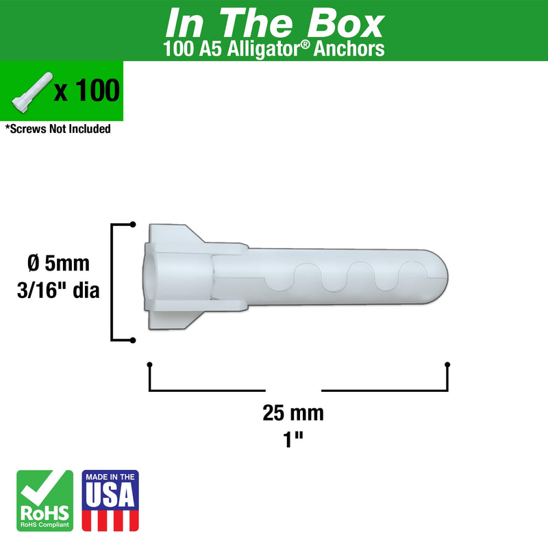 TOGGLER ALLIGATOR A5 Screw Anchor, Plastic, 3/16" Diameter, 15/16" Length, #4 to #9 Threads, Pack Of 200