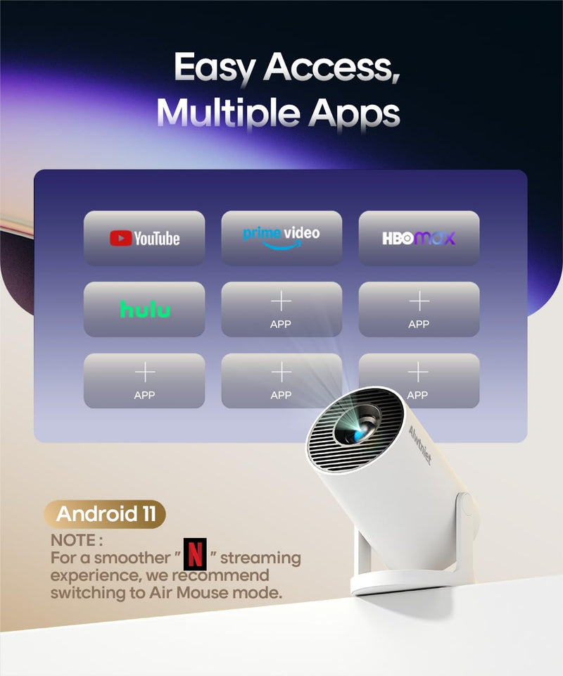 HY300PRO Mini Projector with Wifi and Bluetooth, 4K Support 200ANSI Smart Portable Projector, Auto Keystone, 180 Degree Rotation, Android 11 for Outdoor, Bedroom, Movie, game & business Manual Focus