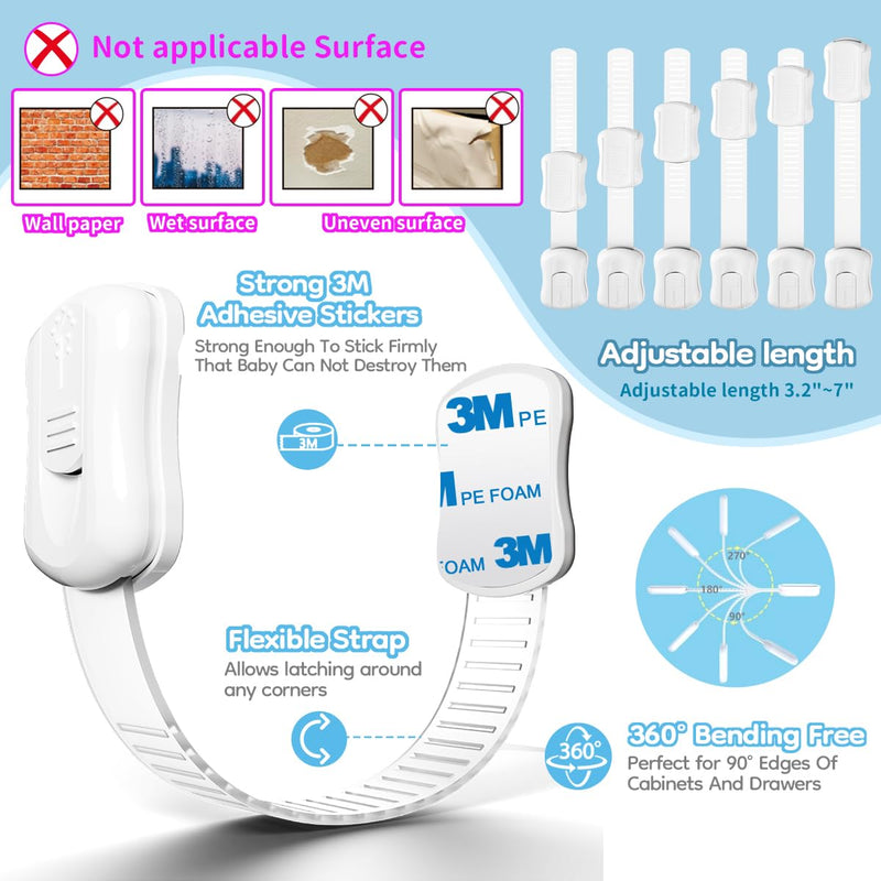 24-Pack Cabinet Locks Baby Proofing - Syican Child Proof Drawer Locks, Multi-Purpose for Drawers, Fridge, Toilet Seat, Trash Can, Ideal Stocking Stuffers, White 24-Count（Pack of 1）