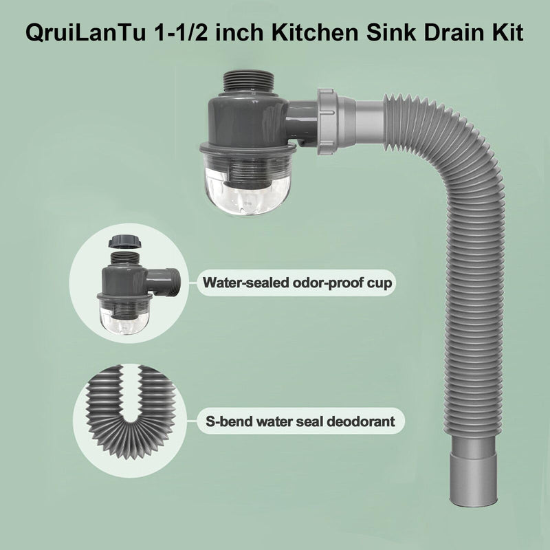 1-1/2 inch Kitchen Sink Drain Kit, space-saving kitchen drain with P-trap and extendable flexible hose (gourd overflow preventer) gourd overflow preventer Gray