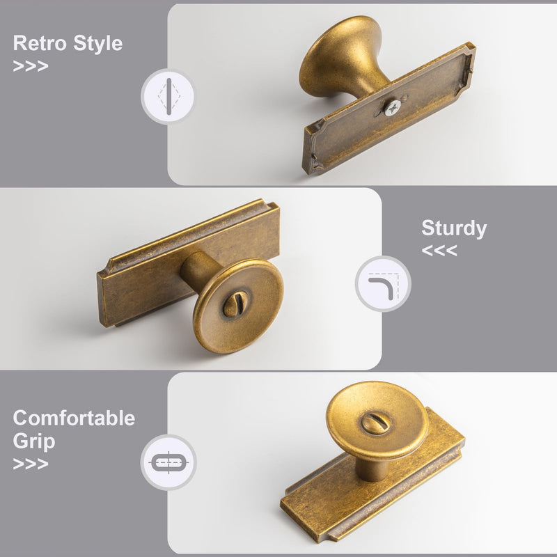 6 Pack Antique Brass Cabinet Knobs with Backplate, Vintage Stepped Plaquette Drawer Pulls, Industrial Concave Round Knobs for Farmhouse Kitchen, Bedroom Dresser and Furniture Restoration