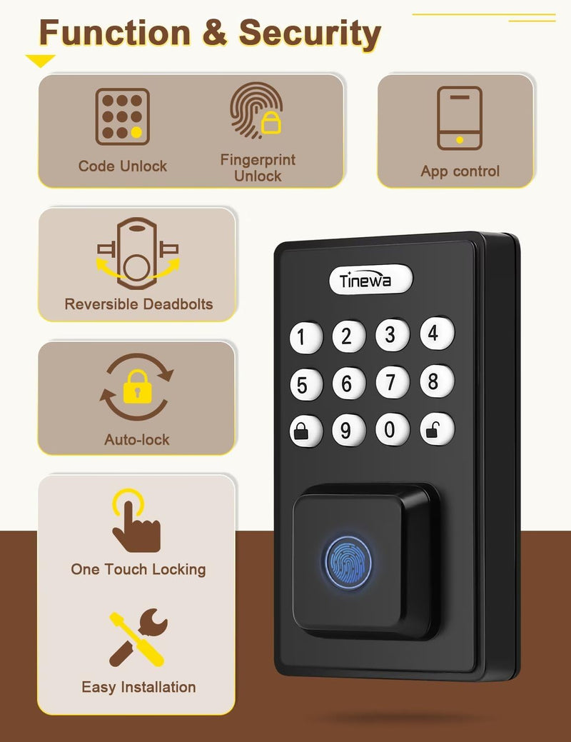 Keyless Entry Door Lock with Door Knobs, Fingerprint Entry Door Handleset, Electronic Digital Keypad Deadbolt with App, Auto Lock & One Touch Locking, Front Smart Door Handle Sets, Black Jet black