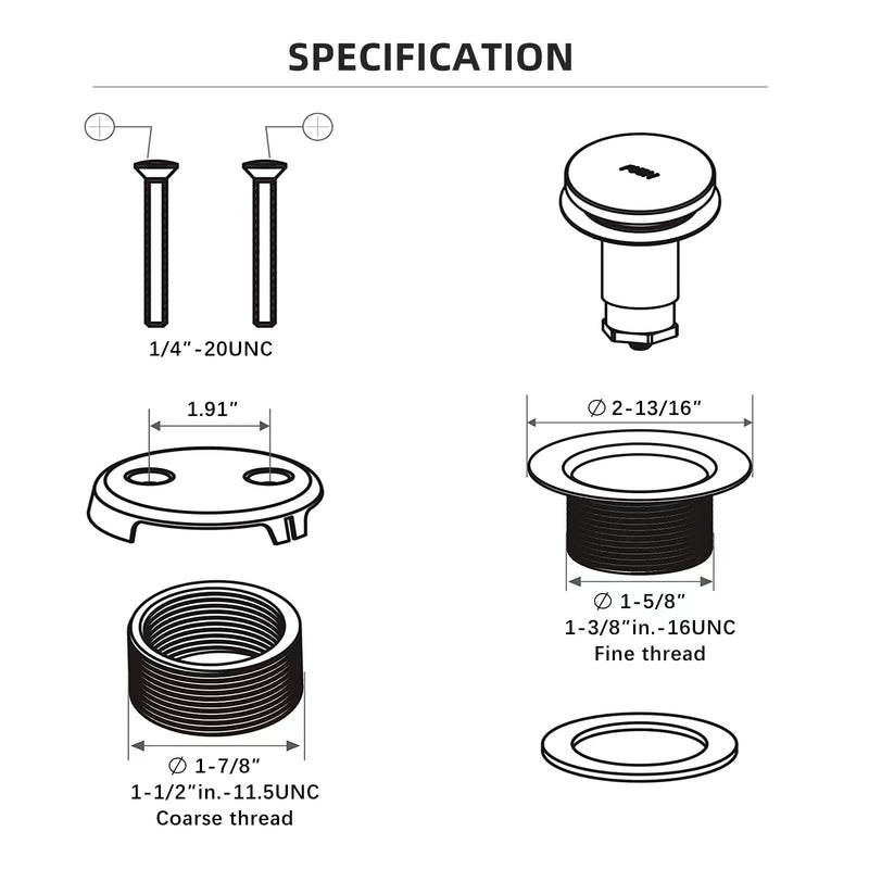 All Metal Tip-Toe Bathtub Drain Kit with Two-Hole Overflow Faceplate and Universal Fine/Coarse Thread Assembly, Bath Tub Drain Kit fits All Bathtub -Brushed Gold Brushed Gold