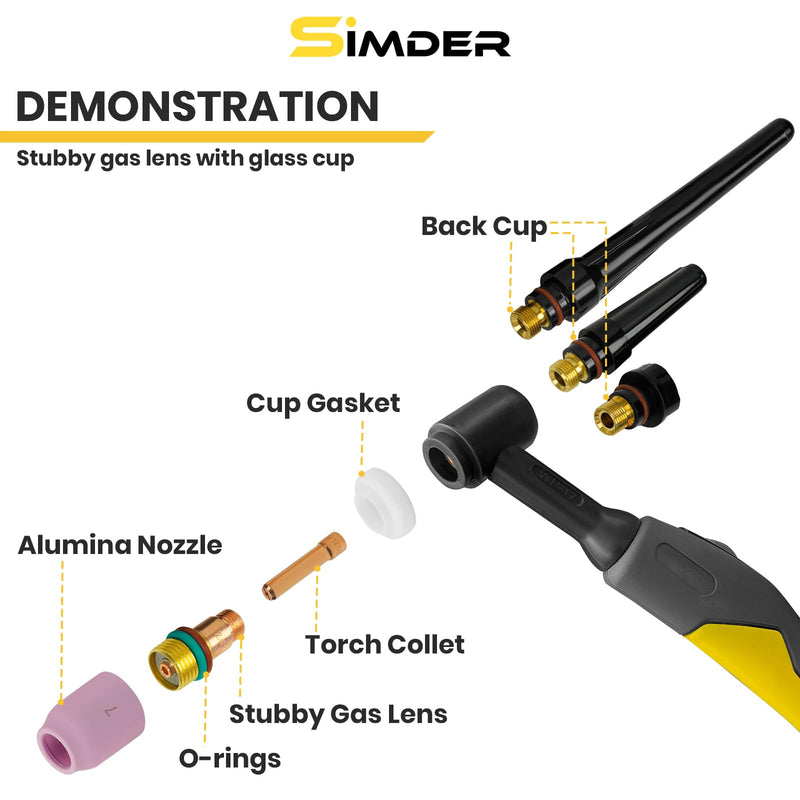 SSimder 55Pcs TIG Welding Torch Accessories Alumina Nozzle Collets Body Stubby Gas Lens #10 Glass Cup For WP-17/18/26