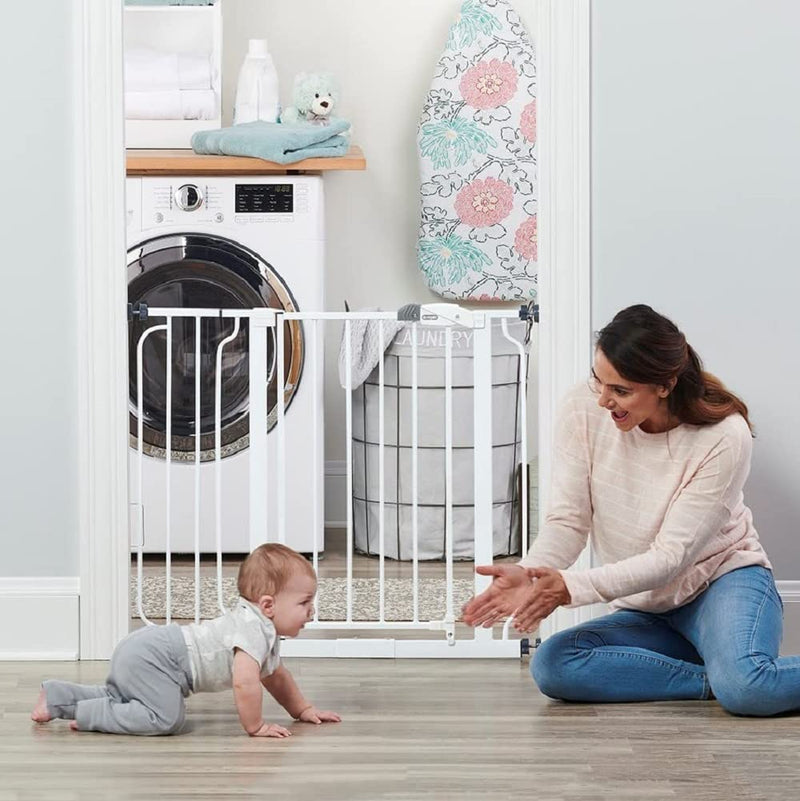 Regalo Safety 29-38.5" Baby Gate for Doorways & Bottom of Stairs, Pressure Mounted Baby Gate with Door for Babies, Toddlers & Pets, Tested & Safe for 30 Years, American Designed, American Owned, White 29-38.5"W x 30"H