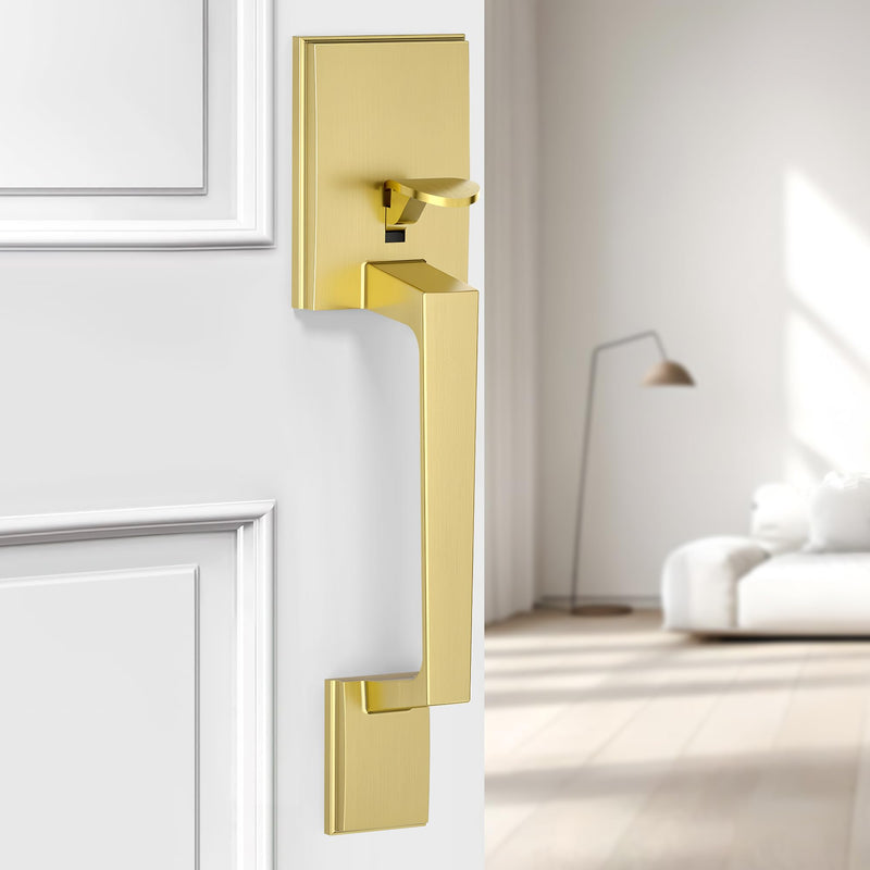Front Door Handle Set, Front Entry Handleset with Glass Knob No Lock, Exterior Gold Door Handle for Right& Left Handed Doors, Zinc Alloy, Satin Brass Crystal Knob(No Lock)
