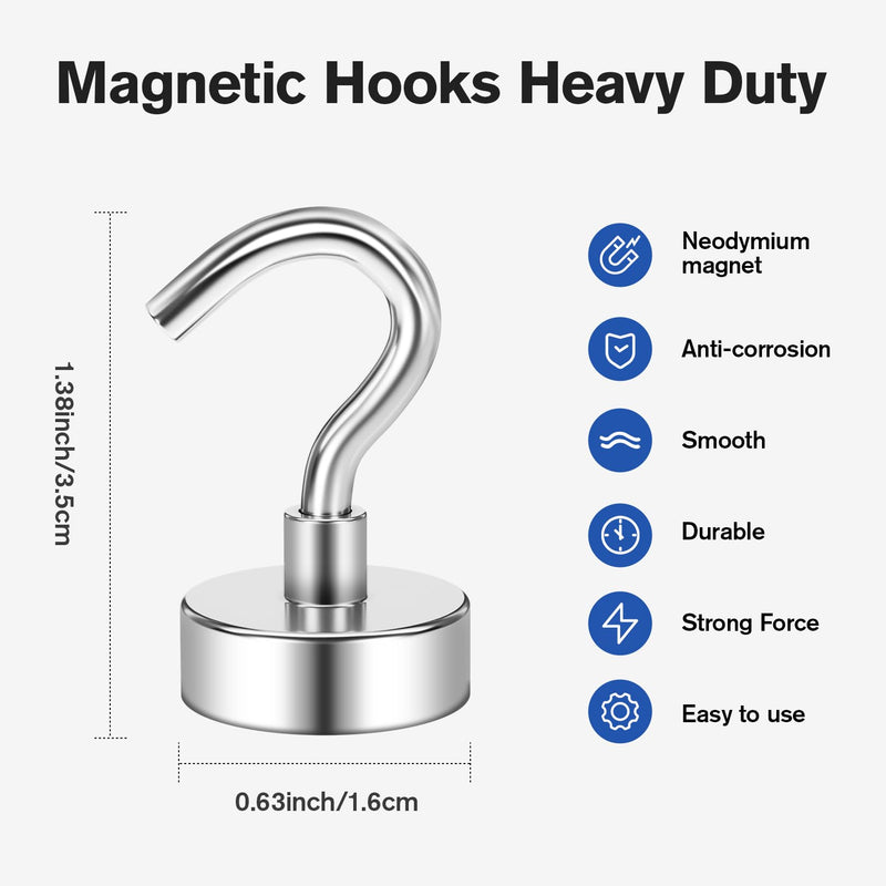Grtard 6 Pack 25LBS Magnetic Hooks Heavy Duty Neodymium Magnet Hooks for Hanging, Strong Magnetic Hooks for Cruise, Magnets with Hooks for Home, Kitchen, Workplace, Office Silver 25lbs-6pcs