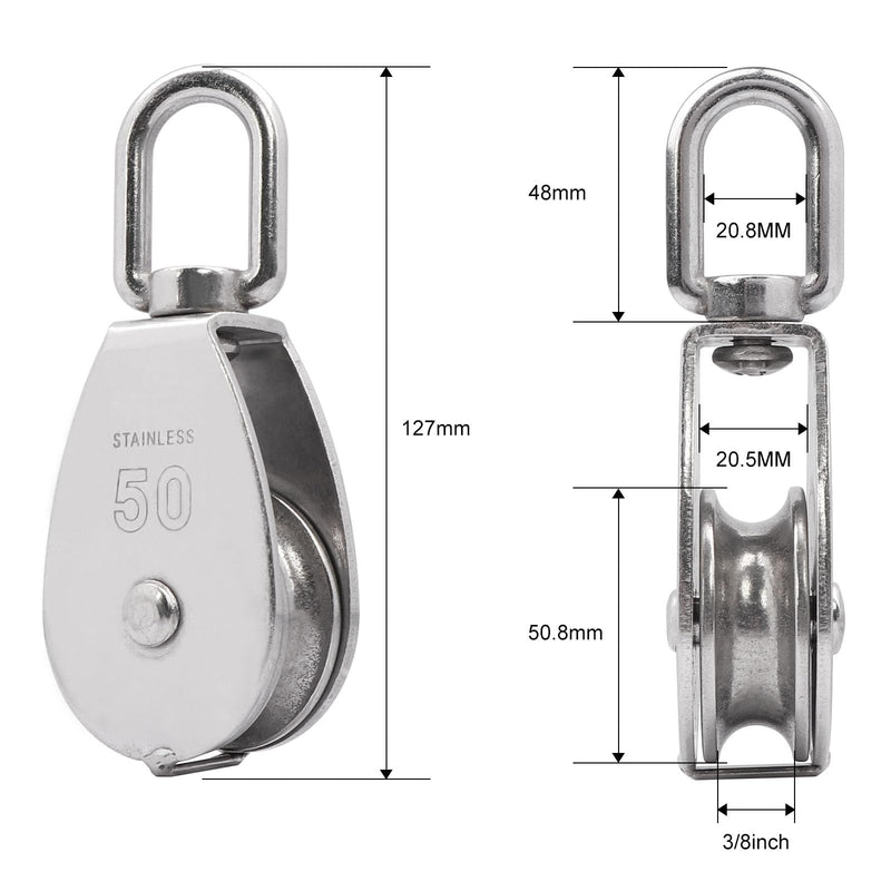 M50 Single Pulley Snatch Block Lifting Crane Heavy Duty Swivel Hook 304 Stainless Steel, 3/8" Rope x 2" Sheave, 800 lbs Load (M50-2PCS) M50 (2PCS)