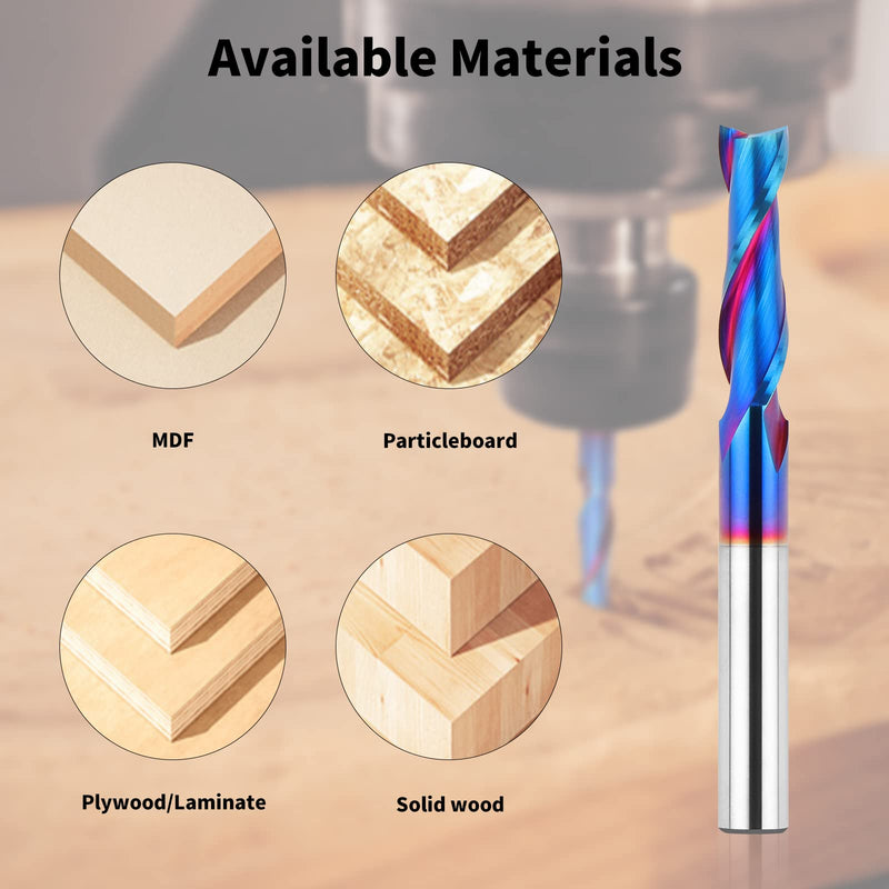 Upcut Spiral Router Bits 1/4 inch Shank, 1/4 inch Cutting Diameter Solid Carbide with Nano Blue Coating CNC Router Bits End Mill for Wood Cut, Carving, Edge Trimming UP CUT