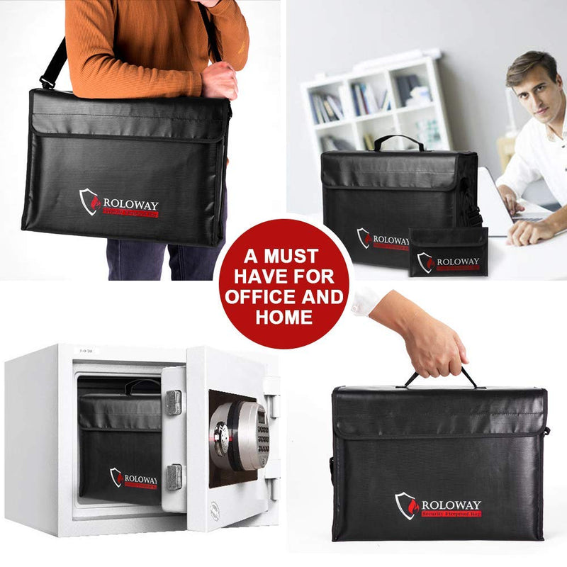 ROLOWAY Large (17 x 12 x 5.8 inches) Fireproof Bag, Water Resistant Fireproof Document Bag Safe for Money, Documents and Valuables Storage XX-Large + Small Black