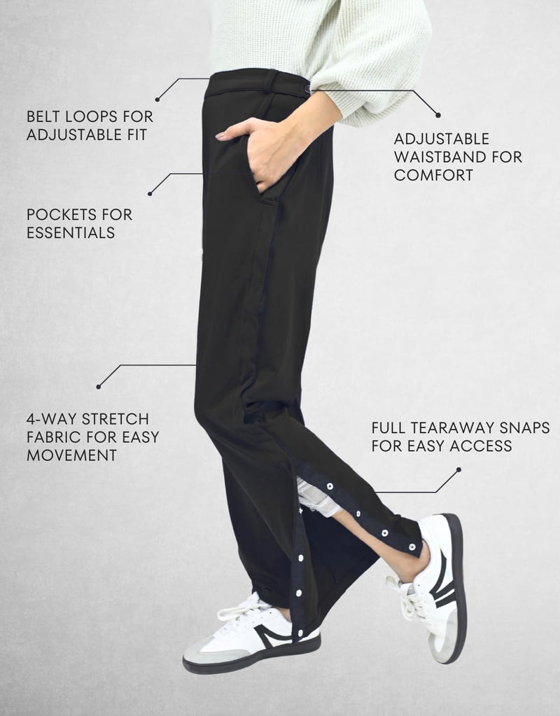 Inspired Comforts Unisex Tearaway Post Surgery Recovery Pants with Side Snaps & Pockets Black Medium