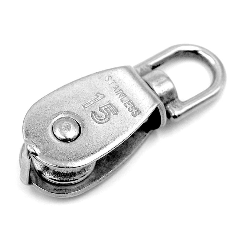 Pack of 10 Small Pulley M15, M15 Lifting Single Pulley, Stainless Steel Wire Rope Crane Pulley Block Hanging Wire Towing Pulley Wheel for Towing Traction, 35 kg Load Capacity, Silver