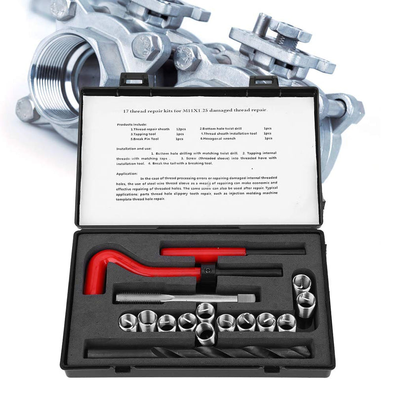 17Pcs Thread Repair Kit, M11 x 1.25 Drill Helicoil Repair Kit Stainless Steel 2D Female Thread Repairing Accessory