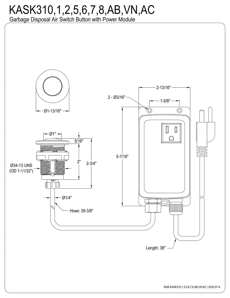 Kingston KASK311 Garbage Disposal Air Switch Kit, Polished Chrome