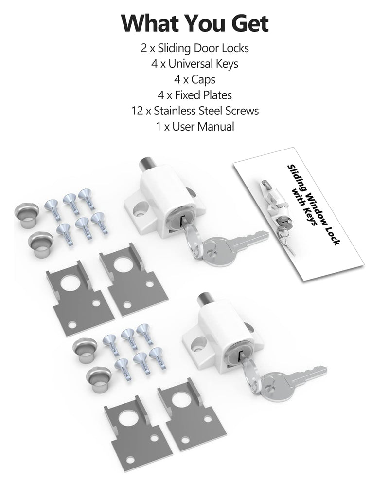 Lock, 2 Pack Sliding Door Window Lock, Push-in Key Lock, Patio Door Locks for Home Office Classroom (White)